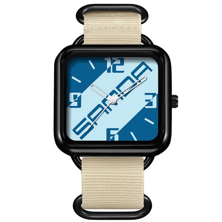 Square casual quartz watch with black bezel, blue patterned dial, beige nylon strap