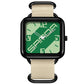 Square casual quartz watch with black bezel, green patterned dial, beige nylon strap