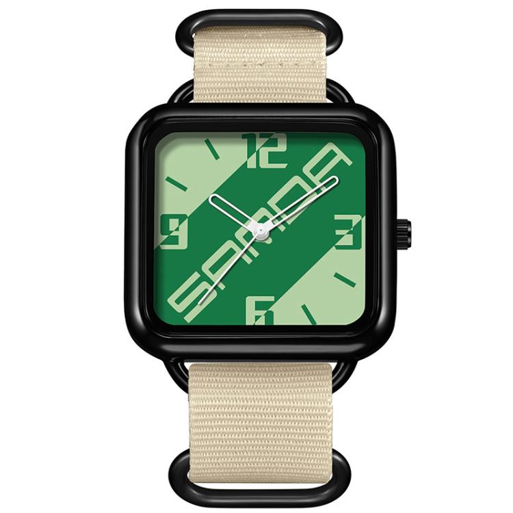 Square casual quartz watch with black bezel, green patterned dial, beige nylon strap