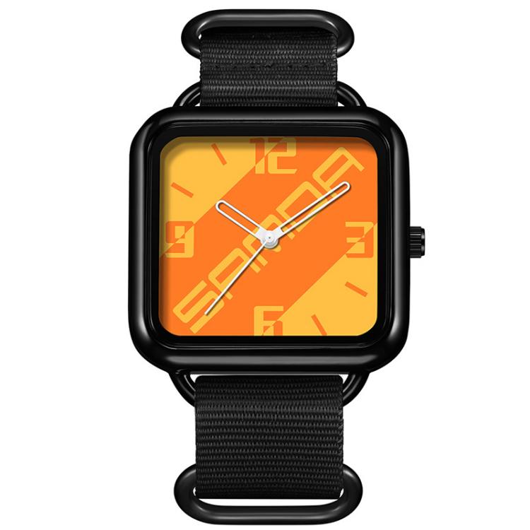 Square casual quartz watch with black bezel, orange patterned dial, black nylon strap