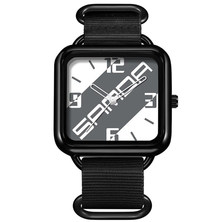 Square water-resistant quartz watch with black case and white/gray dial, black nylon strap