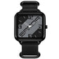 Square water-resistant quartz watch with black case and dark dial, black nylon strap