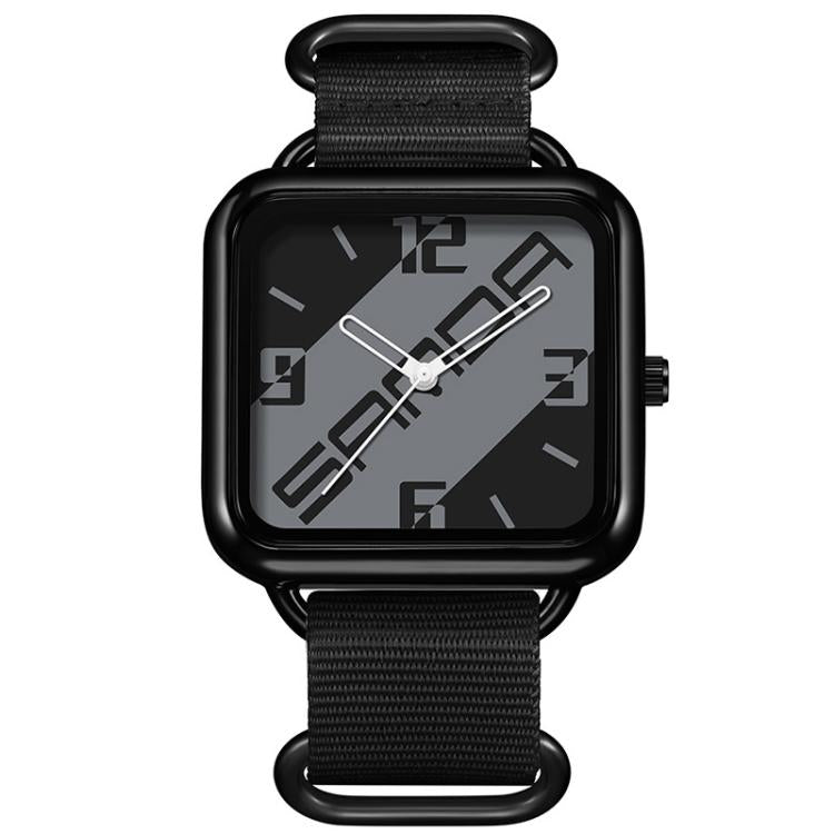 Square water-resistant quartz watch with black case and dark dial, black nylon strap