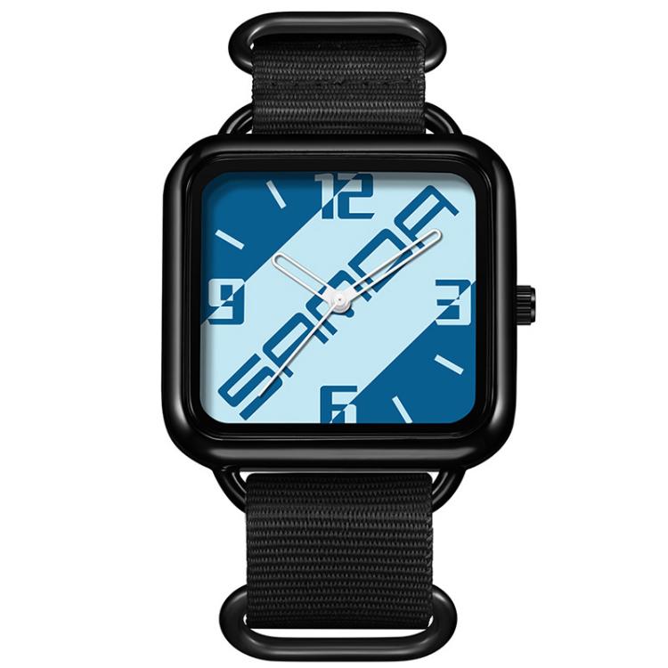 Square water-resistant quartz watch with black case and blue dial, black nylon strap