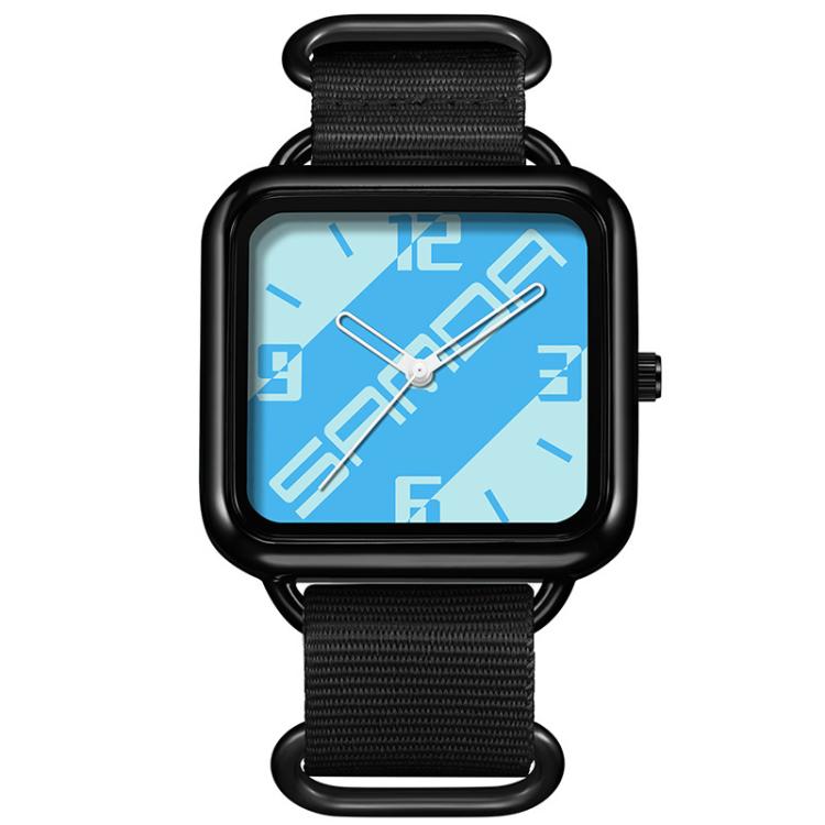 Square water-resistant quartz watch with black case and light blue dial, black nylon strap