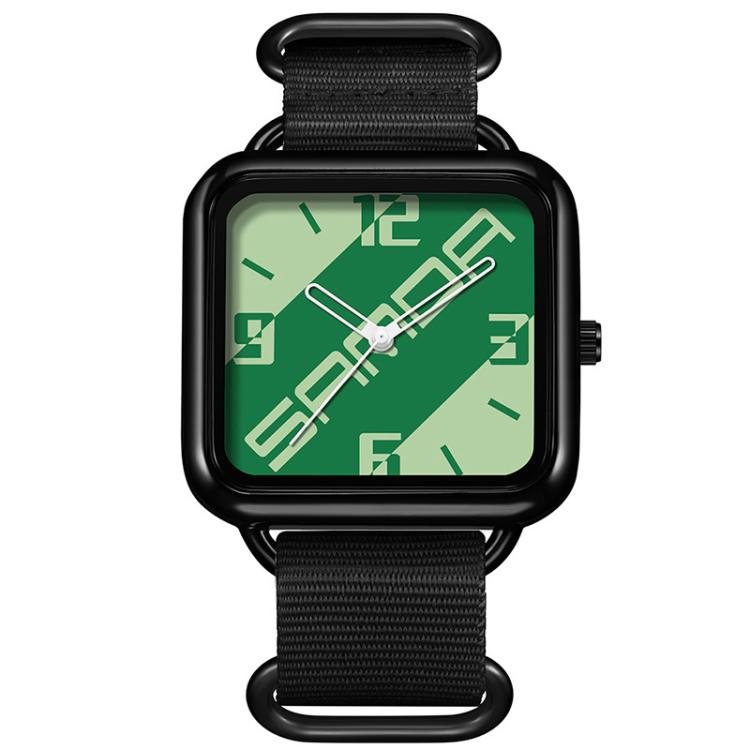 Square water-resistant quartz watch with black case and green dial, dark green nylon strap