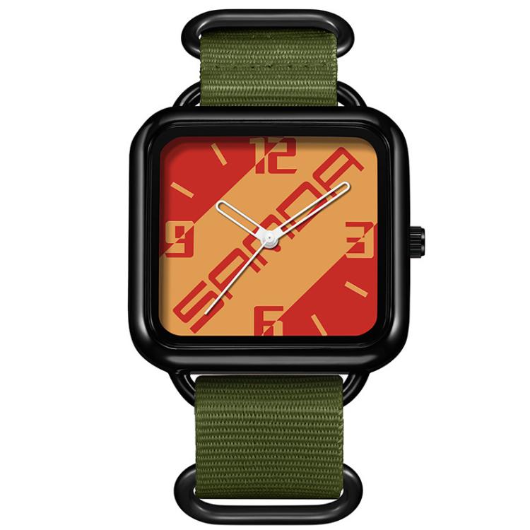 Square water-resistant quartz watch with black case and red/orange dial, dark green nylon strap