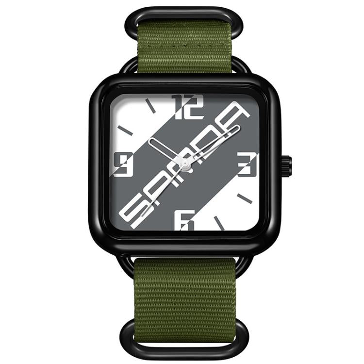 Square water-resistant quartz watch with black case and white/gray dial, dark green nylon strap