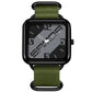Square quartz watch with black case, dark green dial, and olive nylon strap