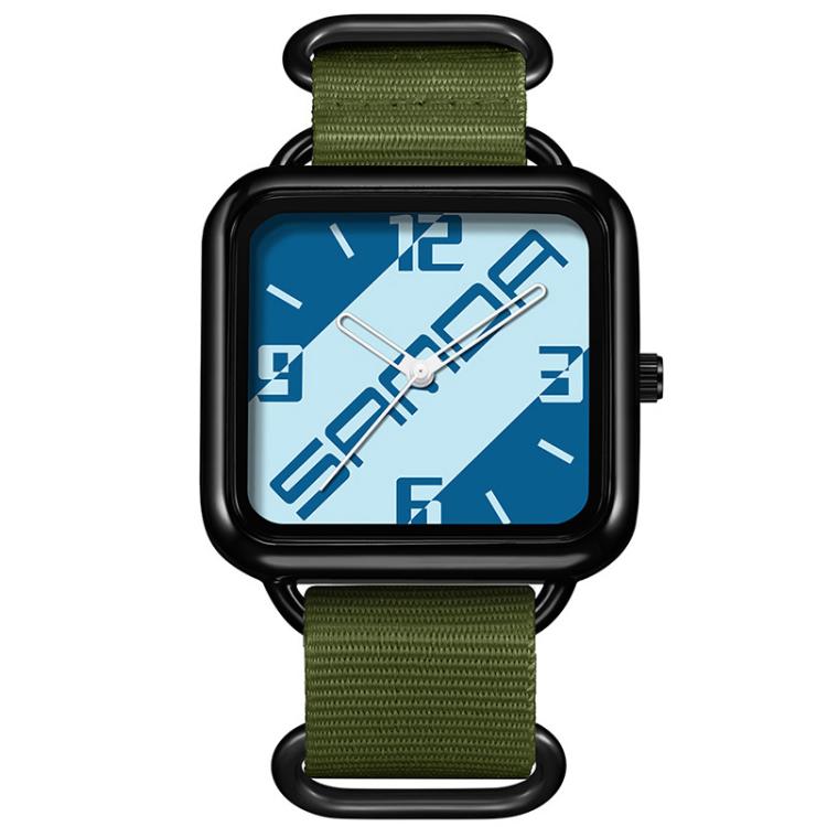 Square quartz watch with black case, blue dial, and olive green nylon strap