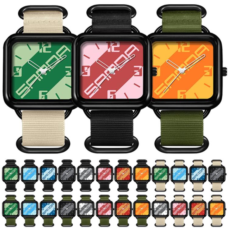Set of three square quartz watches with nylon straps in green, pink, and orange