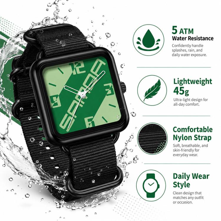 Water-resistant style square quartz watch with green dial and black nylon strap