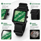 Square quartz watch with green dial, black case, and black nylon band