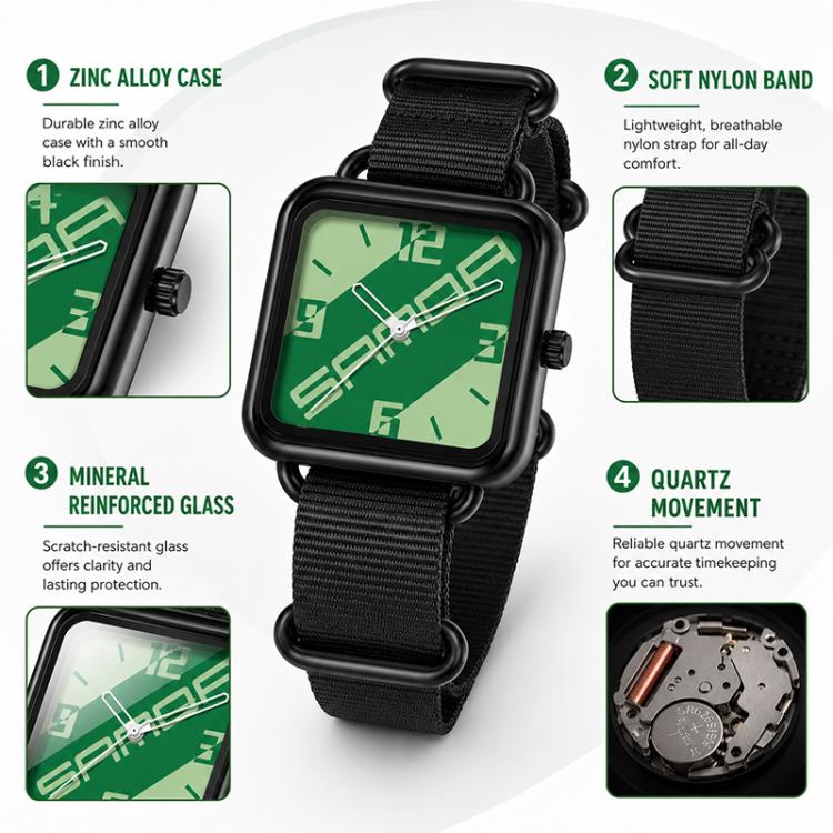 Square quartz watch with green dial, black case, and black nylon band