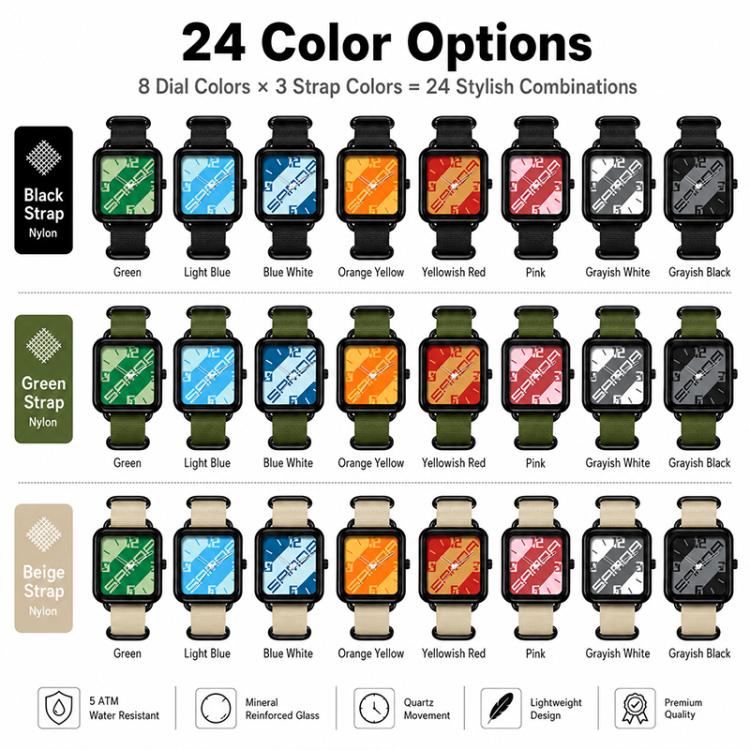 24 color options display for square quartz watches with nylon straps