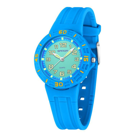 Blue kids waterproof watch with luminous dial and silicone strap, round bezel and crown.