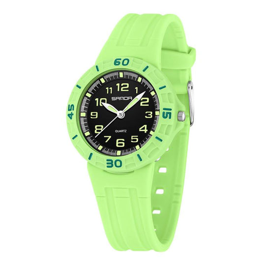 Green kids waterproof watch with luminous dial, round case, and silicone strap.