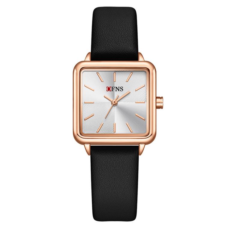 Ladies waterproof quartz watch with black leather strap and rose gold-tone square case