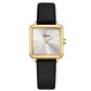 Ladies waterproof quartz watch with black leather strap and gold-tone square case