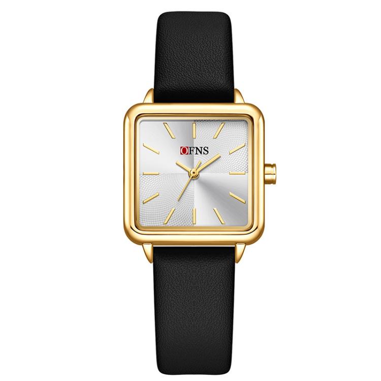 Ladies waterproof quartz watch with black leather strap and gold-tone square case