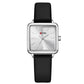 Ladies waterproof quartz watch with black leather strap and silver-tone square case