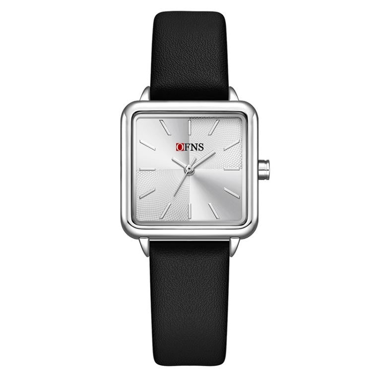 Ladies waterproof quartz watch with black leather strap and silver-tone square case