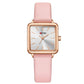 Ladies waterproof quartz watch with pink leather strap and rose gold-tone square case