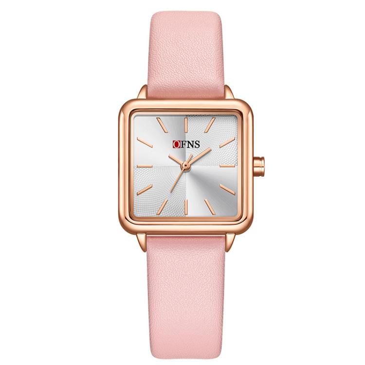 Ladies waterproof quartz watch with pink leather strap and rose gold-tone square case