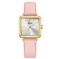 Ladies waterproof quartz watch with pink leather strap and gold-tone square case