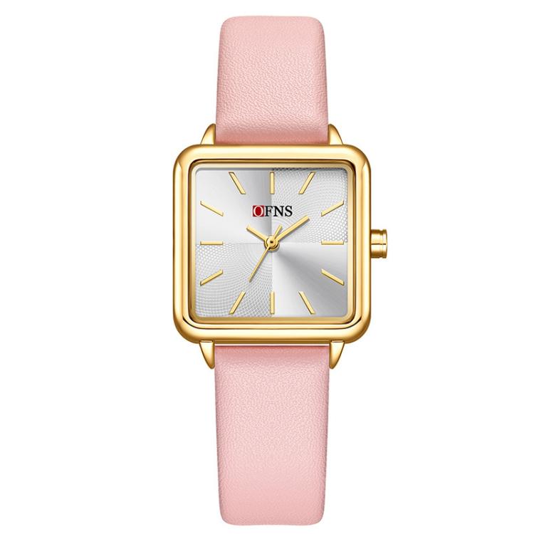 Ladies waterproof quartz watch with pink leather strap and gold-tone square case