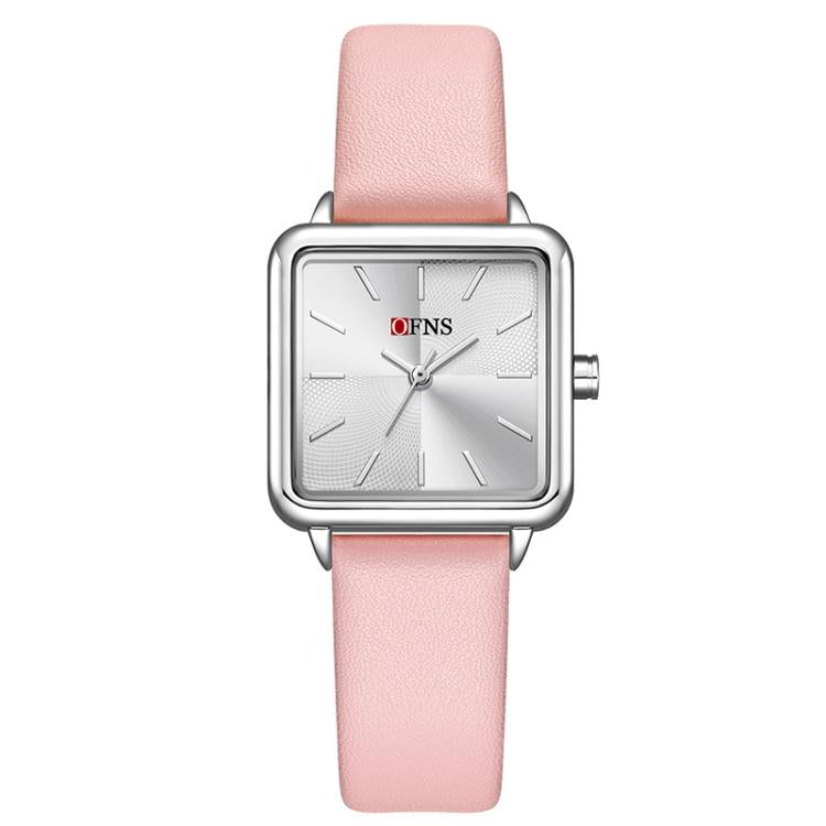 Ladies waterproof quartz watch with pink leather strap and silver-tone square case