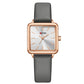 Ladies waterproof quartz watch with gray leather strap and rose gold-tone square case