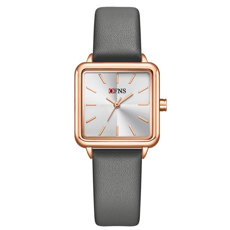 Ladies waterproof quartz watch with gray leather strap and rose gold-tone square case