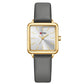 Ladies waterproof quartz watch with gray leather strap and gold-tone square case