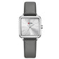 Ladies waterproof quartz watch with gray leather strap and silver-tone square case