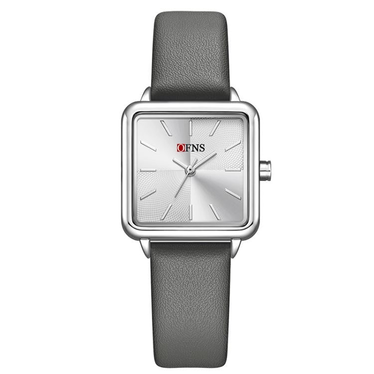 Ladies waterproof quartz watch with gray leather strap and silver-tone square case