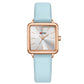 Ladies waterproof quartz watch with light blue leather strap and rose gold-tone square case