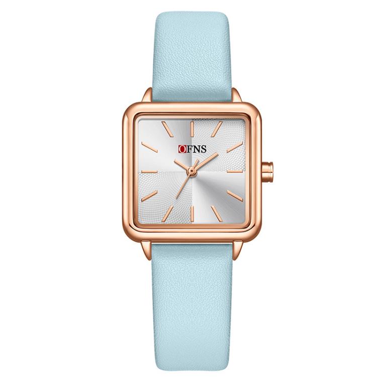 Ladies waterproof quartz watch with light blue leather strap and rose gold-tone square case