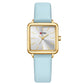 Ladies square quartz watch with blue leather strap and rose-gold tone case