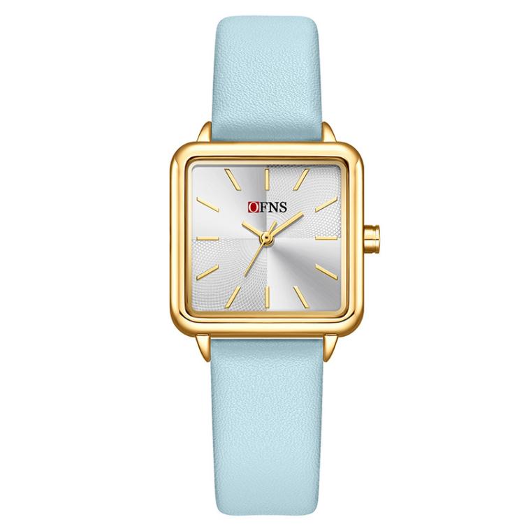 Ladies square quartz watch with blue leather strap and rose-gold tone case
