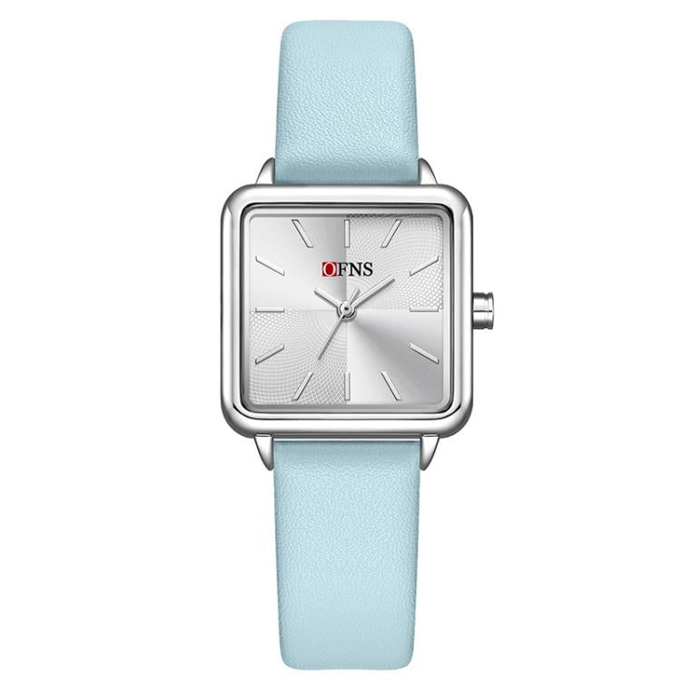 Ladies square quartz watch with blue leather strap and silver-tone case