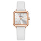 Ladies square quartz watch with white leather strap and rose-gold tone case
