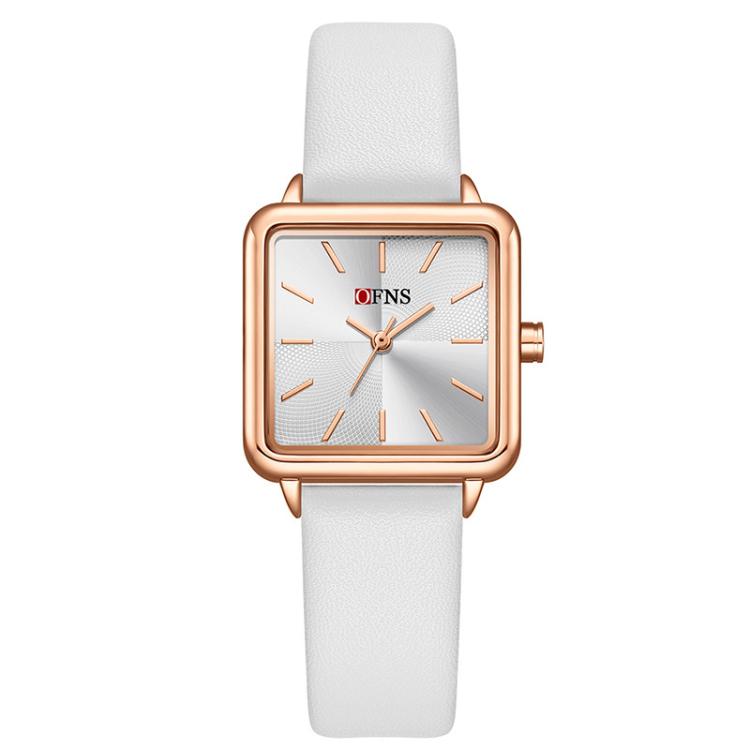 Ladies square quartz watch with white leather strap and rose-gold tone case
