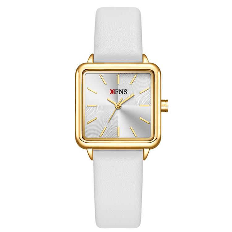 Ladies square quartz watch with white leather strap and gold-tone case