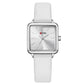 Ladies square quartz watch with white leather strap and silver-tone case