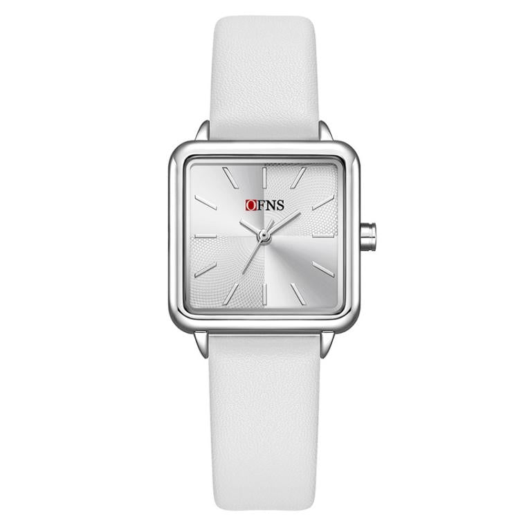 Ladies square quartz watch with white leather strap and silver-tone case