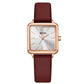 Ladies square quartz watch with dark red leather strap and rose-gold tone case