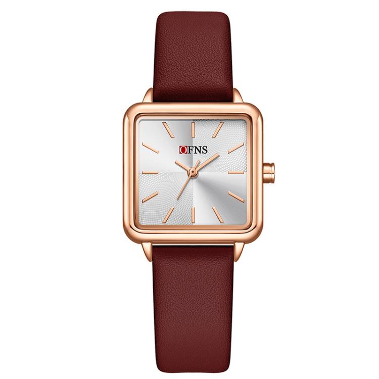 Ladies square quartz watch with dark red leather strap and rose-gold tone case