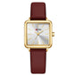 Ladies square quartz watch with dark red leather strap and gold-tone case