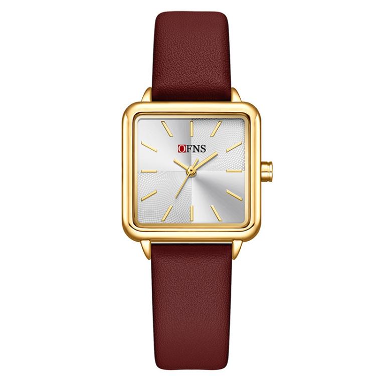Ladies square quartz watch with dark red leather strap and gold-tone case